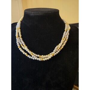 Vintage Tri-Strand Beaded Necklace Gold / Cream/ Gray